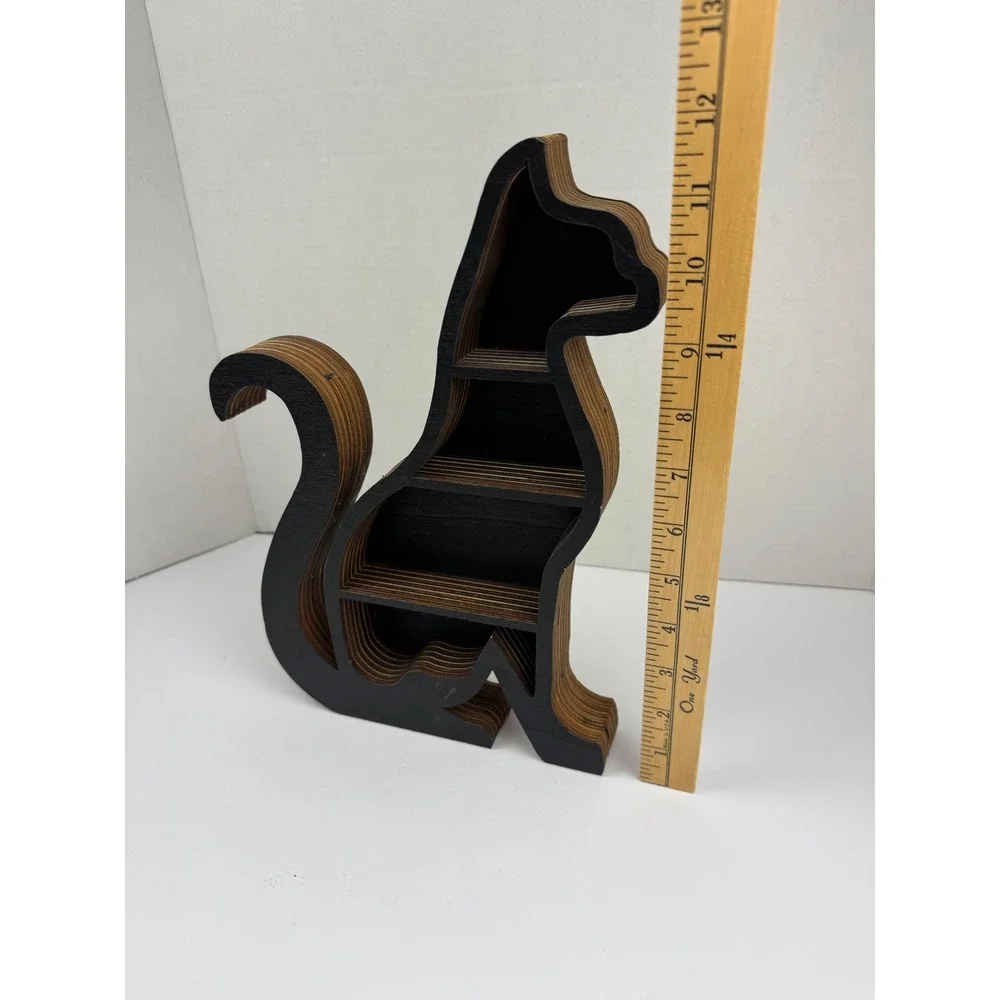 Wooden Cat Shadow Box Shelf Black Plywood Feline Crystal Display Wall Decor 10in